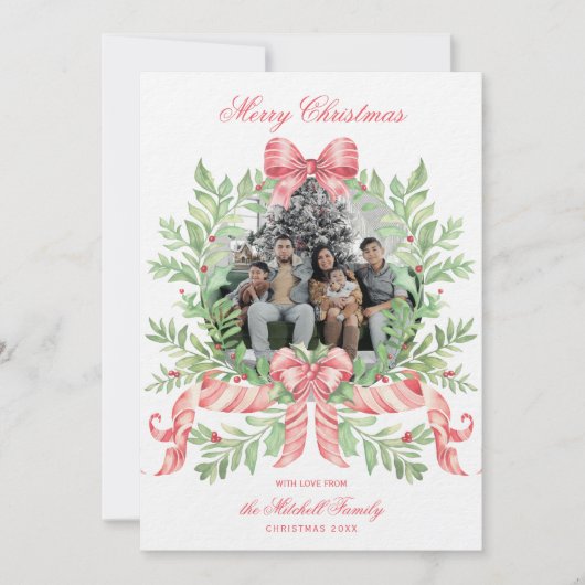 Christmas Wreath Candy Cane Bow | Photo Card セーブザデート (正面)