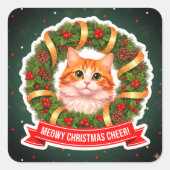 Christmas Wreath Cat Sticker – Cute Festive Kitty スクエアシール (正面)