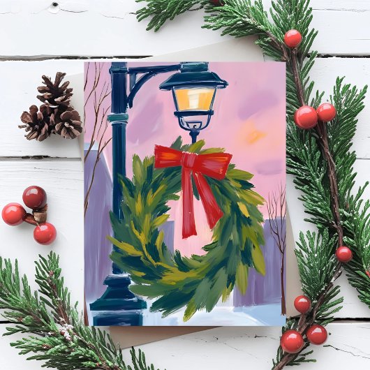 Christmas Wreath City Light Pole Watercolor シーズンポストカード