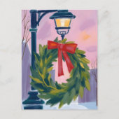 Christmas Wreath City Light Pole Watercolor シーズンポストカード (正面)