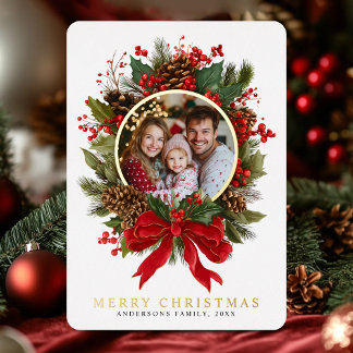Christmas Wreath Family Photo Foil Holiday Card 箔シーズンカード