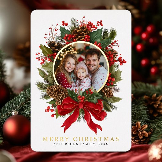 Christmas Wreath Family Photo Foil Holiday Card 箔シーズンカード