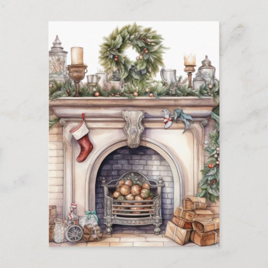 Christmas Wreath Fireplace シーズンポストカード (正面)