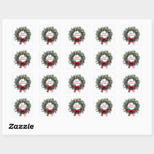 Christmas Wreath Holly Leaves Red Bow Greenery  スクエアシール (シート)