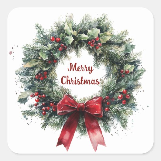 Christmas Wreath Holly Leaves Red Bow Greenery  スクエアシール (正面)