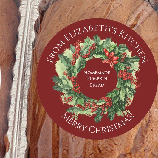 Christmas Wreath Homemade Food Gift Dark Red ラウンドシール