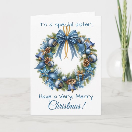 Christmas Wreath in Blue & Gold Card for Sister シーズンカード (正面)