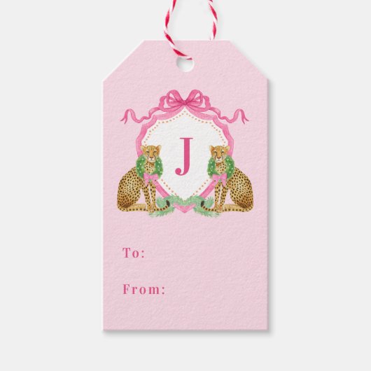 Christmas Wreath Leopard Crest Monogram  ギフトタグ (正面)