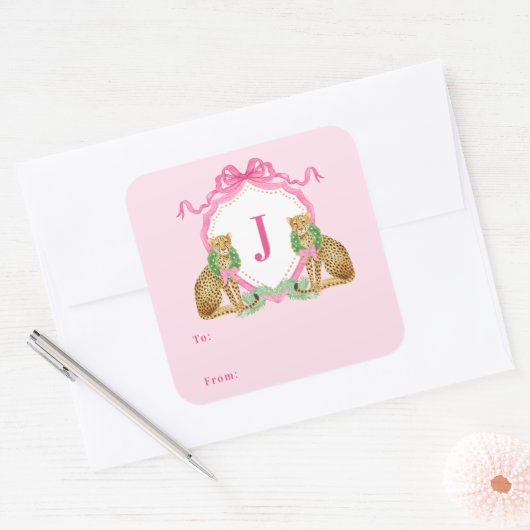 Christmas Wreath Leopard Crest Monogram  スクエアシール (封筒)