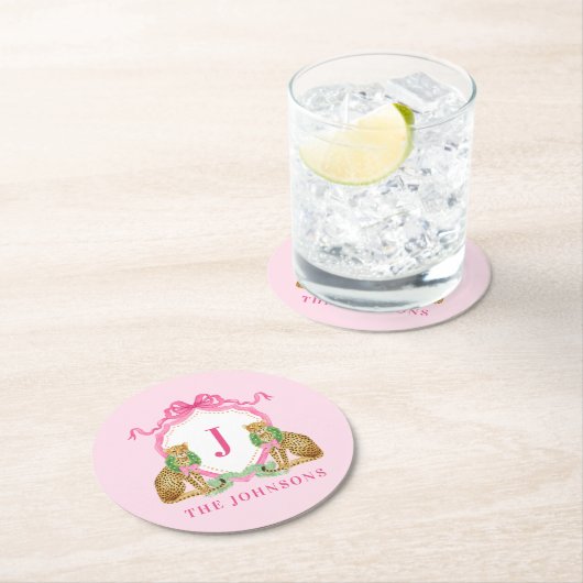 Christmas Wreath Leopard Crest Monogram ラウンドペーパーコースター (インサイチュ)