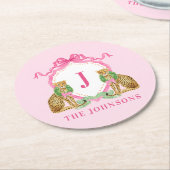 Christmas Wreath Leopard Crest Monogram ラウンドペーパーコースター (アングル)