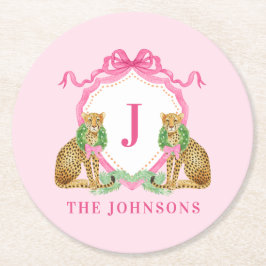 Christmas Wreath Leopard Crest Monogram  ラウンドペーパーコースター