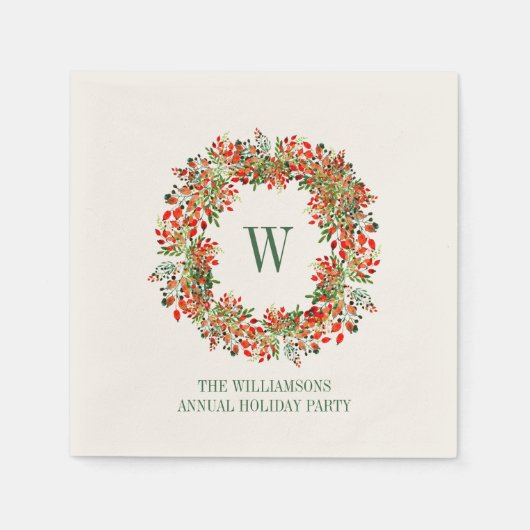 Christmas Wreath Monogram Name Holiday Party スタンダードカクテルナプキン (正面)