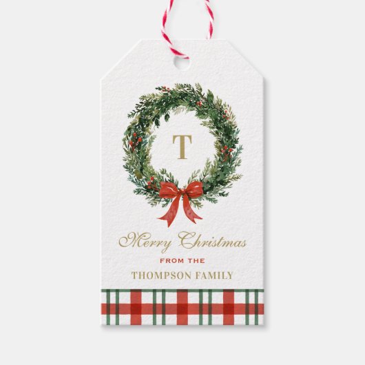 Christmas Wreath Monogram Plaid Family Name ギフトタグ (正面)