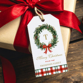 Christmas Wreath Monogram Plaid Family Name ギフトタグ