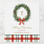 Christmas Wreath Monogram Plaid Family Name ワインラベル (シングルラベル)