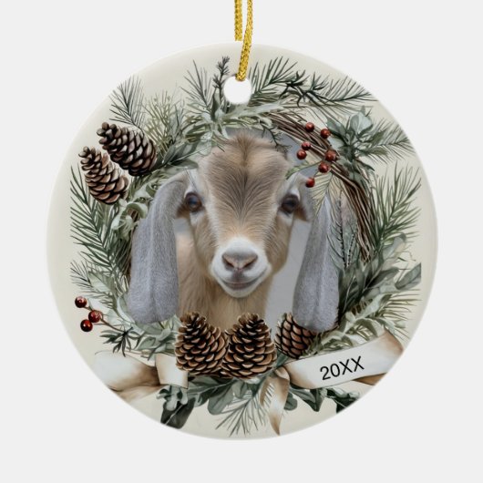 Christmas Wreath Nubian Goat  セラミックオーナメント (正面)