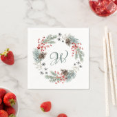 Christmas Wreath Pine Berry Snowflakes Monogram スタンダードカクテルナプキン (インサイチュ)
