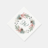 Christmas Wreath Pine Berry Snowflakes Monogram スタンダードカクテルナプキン (角)
