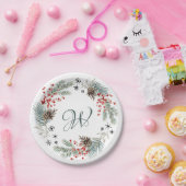 Christmas Wreath Pine Berry Snowflakes Monogram ペーパープレート (パーティー)