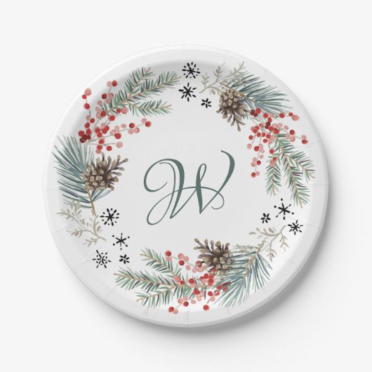 Christmas Wreath Pine Berry Snowflakes Monogram ペーパープレート (正面)