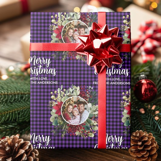 Christmas Wreath Plaids Family Photo Personalized ラッピングペーパー