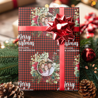 Christmas Wreath Plaids Family Photo Personalized ラッピングペーパー