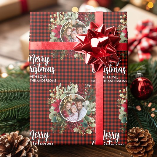 Christmas Wreath Plaids Family Photo Personalized ラッピングペーパー