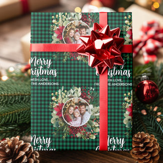 Christmas Wreath Plaids Family Photo Personalized ラッピングペーパー