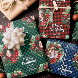 Christmas Wreath Plaids Family Photos Personalized ラッピングペーパーシート