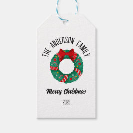 Christmas Wreath Red Bow Lights Personalized Name ギフトタグ