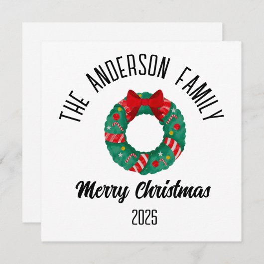 Christmas Wreath Red Bow Lights Personalized Name シーズンカード (正面/裏面)