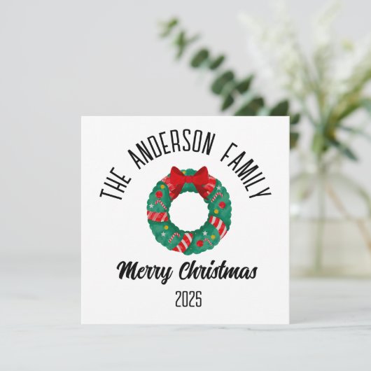 Christmas Wreath Red Bow Lights Personalized Name シーズンカード (スタンド正面)