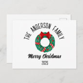 Christmas Wreath Red Bow Lights Personalized Name シーズンポストカード (正面/裏面)