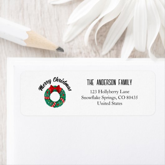 Christmas Wreath Red Bow Lights Personalized Name ラベル (インサイチュ)