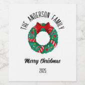 Christmas Wreath Red Bow Lights Personalized Name ワインラベル (シングルラベル)