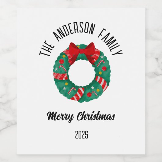 Christmas Wreath Red Bow Lights Personalized Name ワインラベル (シングルラベル)