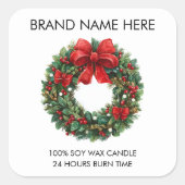 Christmas Wreath Red Bow | Modern Candle Labels スクエアシール (正面)