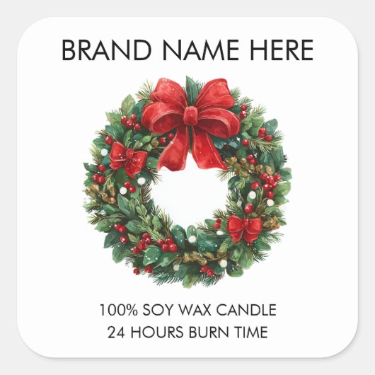 Christmas Wreath Red Bow | Modern Candle Labels スクエアシール (正面)