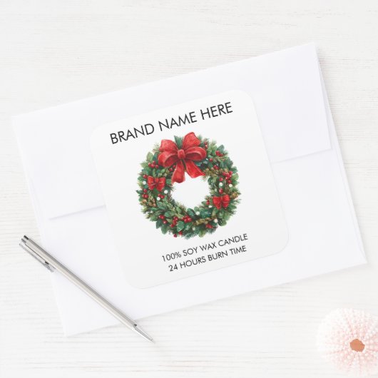 Christmas Wreath Red Bow | Modern Candle Labels スクエアシール (封筒)
