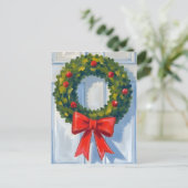 Christmas Wreath Red Bow White Watercolor シーズンポストカード (スタンド正面)