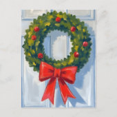 Christmas Wreath Red Bow White Watercolor シーズンポストカード (正面)