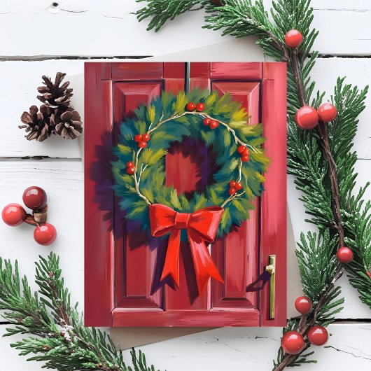 Christmas Wreath Red Door Watercolor シーズンカード