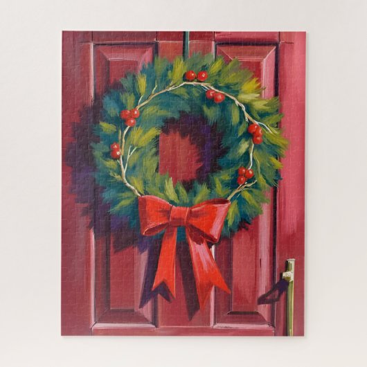 Christmas Wreath Red Door Watercolor ジグソーパズル (縦)
