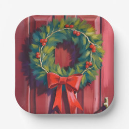 Christmas Wreath Red Door Watercolor ペーパープレート