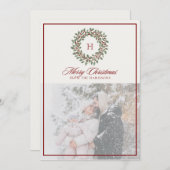 Christmas Wreath, Red frame, Monogram Photo  シーズンカード (正面/裏面)
