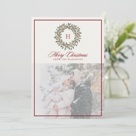 Christmas Wreath, Red frame, Monogram Photo  シーズンカード (スタンド正面)