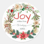 Christmas Wreath  Red Joy Rustic Typography Name  ラウンドシール (正面)