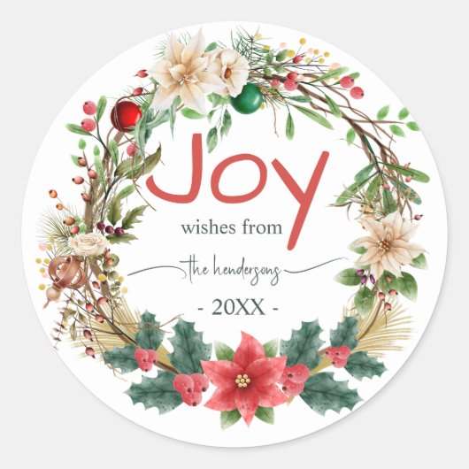 Christmas Wreath  Red Joy Rustic Typography Name  ラウンドシール (正面)