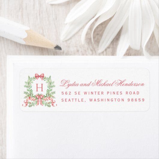 Christmas Wreath Red Script Return Address ラベル (インサイチュ)